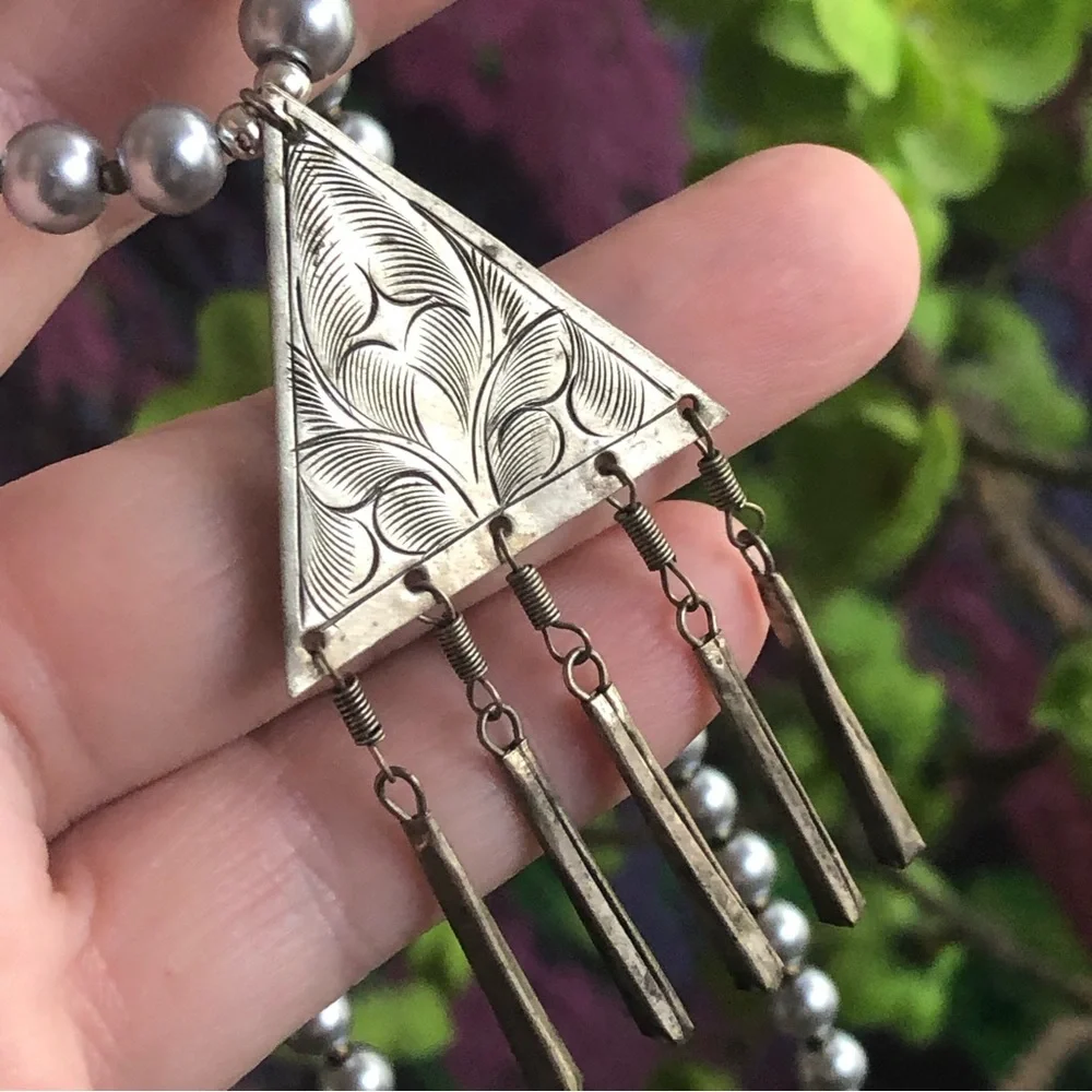 Handcrafted repurpose southwest etched steel pendant Czech glass Pearl necklace